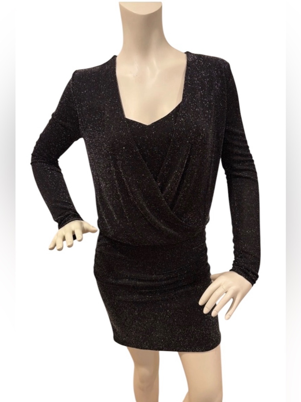 WHBM metallic black silver long sleeve women’s sparkle knit blouson dress, 4